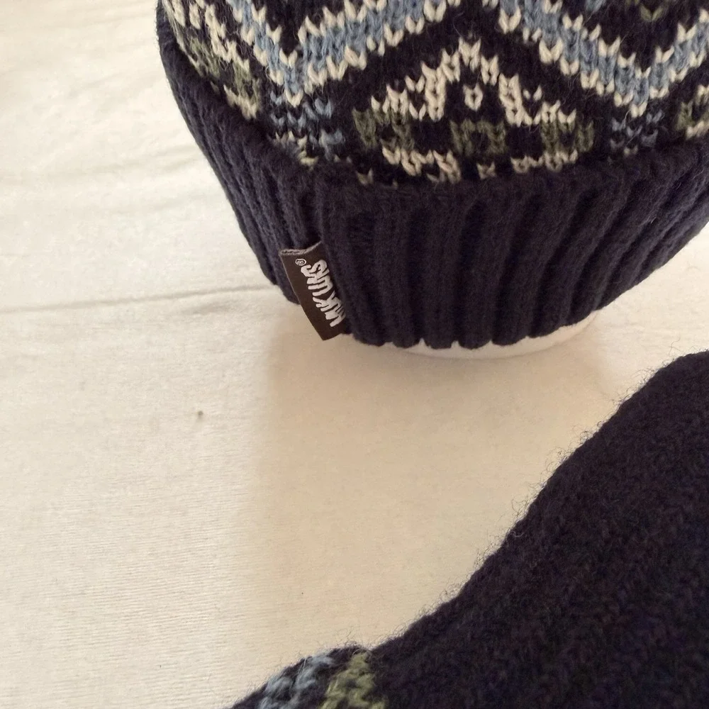 Muk Luks Women's Fair Isle Beanie Hat And Glove Set Black Gray,Blue Faux Fur Pom